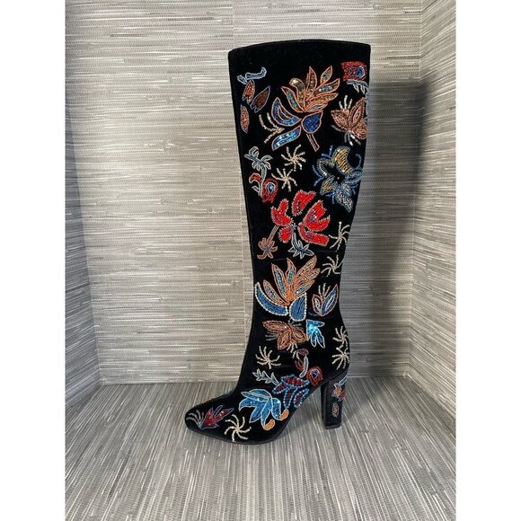 Jeffery Campbell Womens Pointed Toe Boots Multicolor Velvet Knee High Zip 5 M - Picture 4 of 8